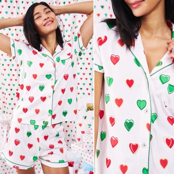 Roller Rabbit Big Holiday Hearts Pajama Short Set Large Green Red Pima Cotton - Picture 3 of 8
